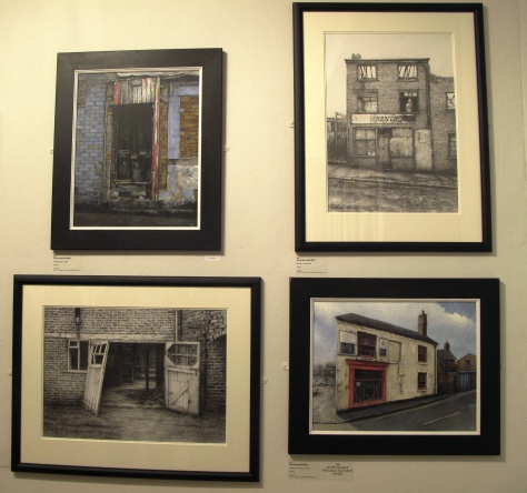 David Brammeld's four selected artworks, Clockwise top leftWorking mens Club, Derelict newsagent, Empty Corner Shop,- Harveys (Prizewinner), Working Mens Club