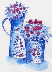 painted jugs pen and ink