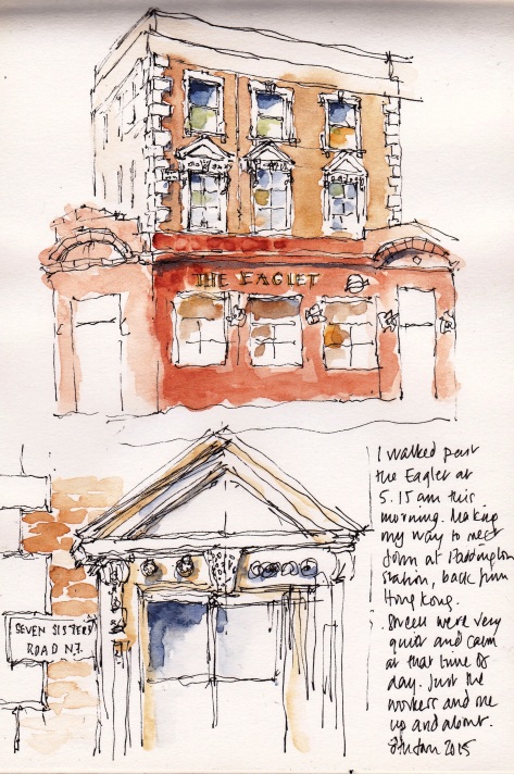 pen and ink sketch of the Eaglet pub on Seven Sisters Road, Holloway