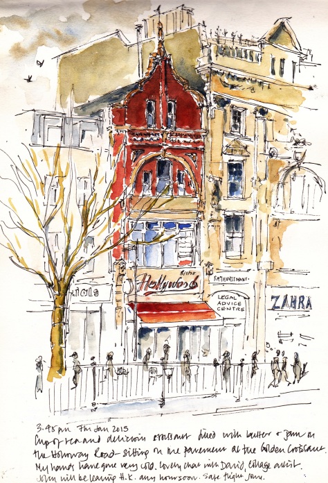 pen and ink sketch Hollyood cafe Holloway Road