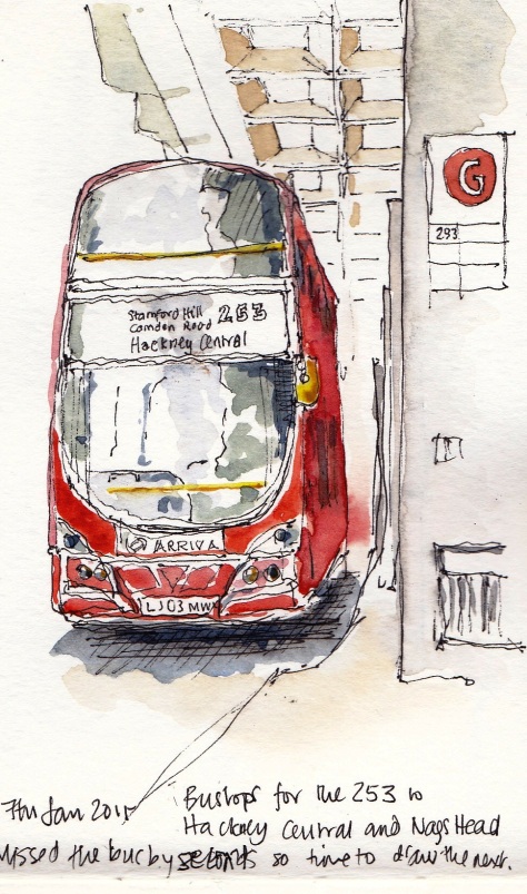 pen and ink watercolour wash london bus at euston station