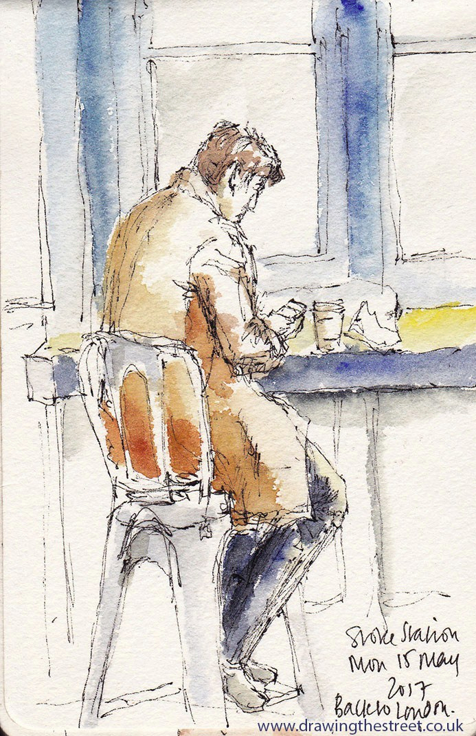 pen and ink sketch of a chap in Stoke Station