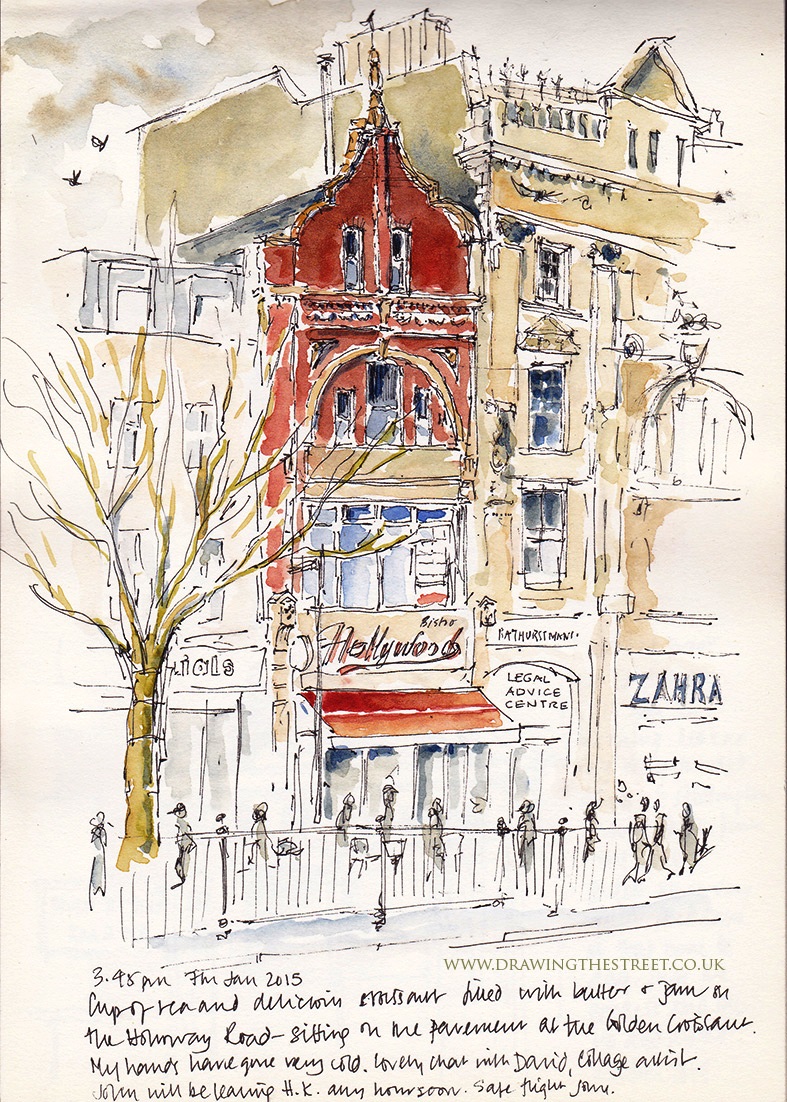 pen and ink sketch of Hollywood Cafe on Holloway Road