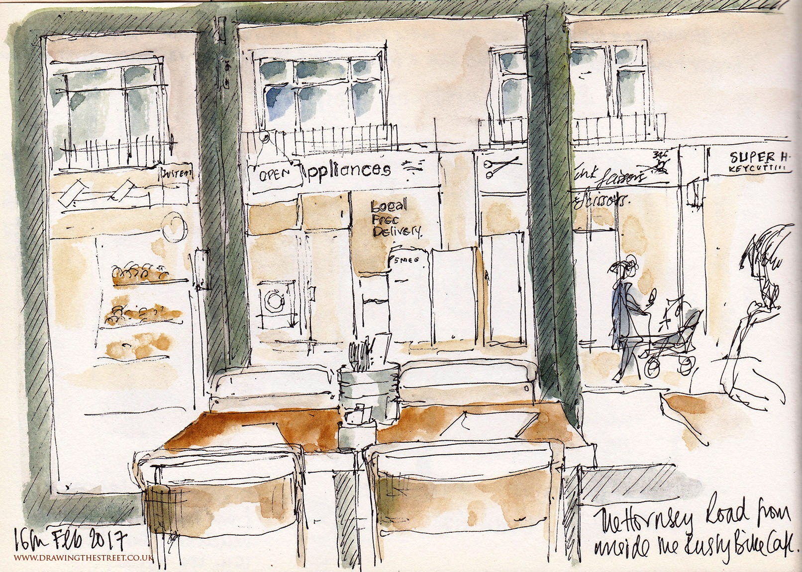 sketch inside Rusty Bike Cafe, Hornsey Road