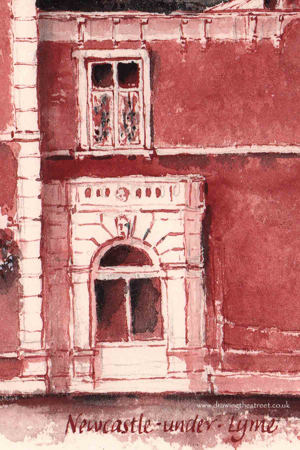 Drawing of the Brampton Museum, Newcastle Under Lyme, detail of the windows, by artist Ronnie Cruwys