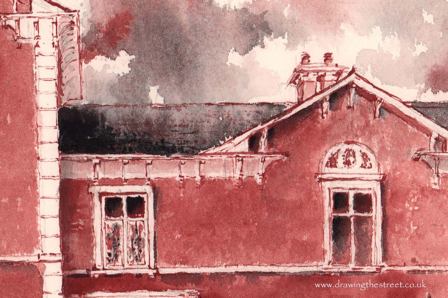 Drawing of the Brampton Museum, detail of the eaves and windows, by artist Ronnie Cruwys