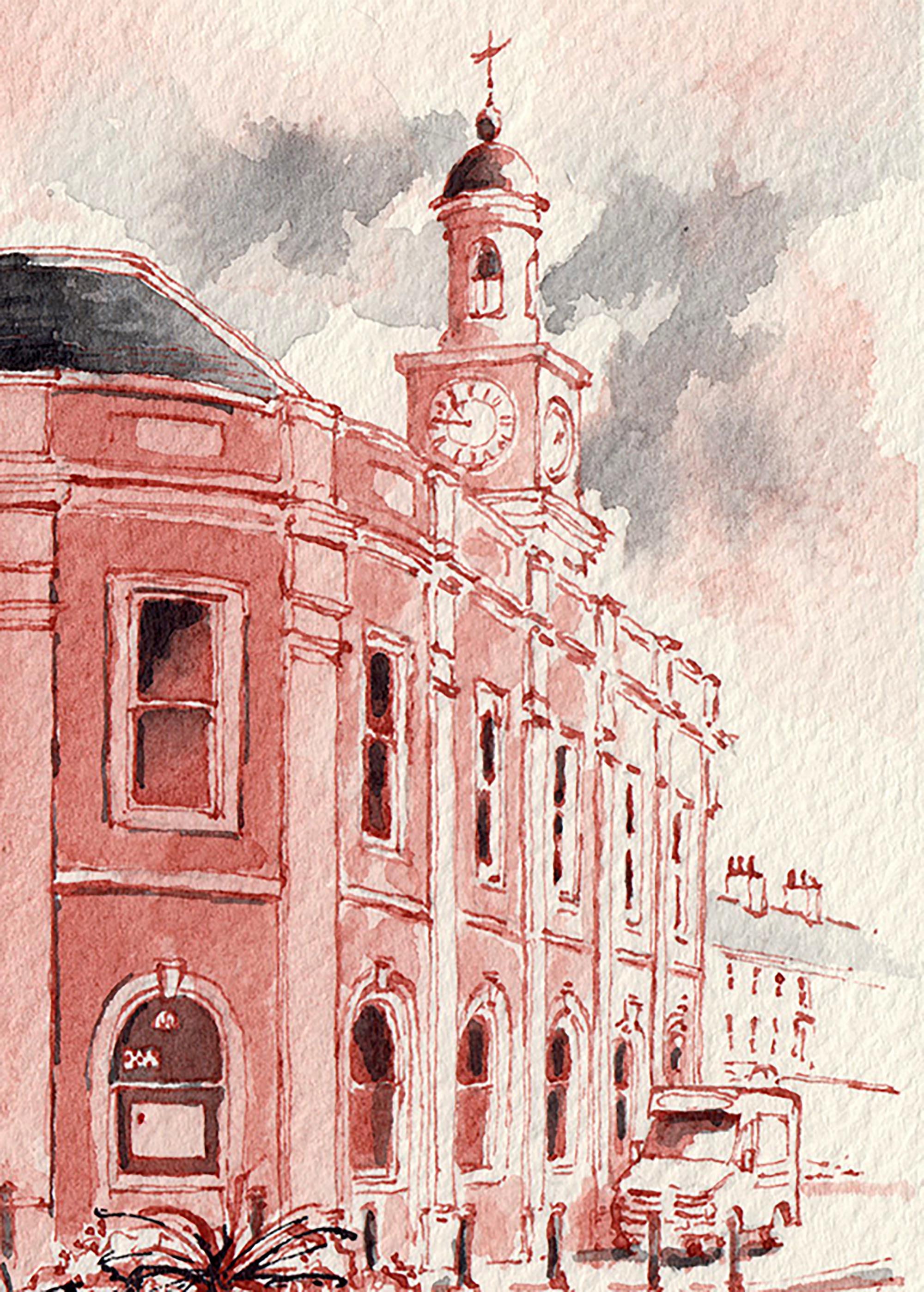 pen and ink drawing of the Guildhall in Newcastle under Lyme by artist Ronnie Cruwys